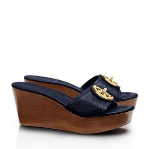 Tory Burch Navy Blue Platform Wedge Slides size 8.5 Very Good Condition!